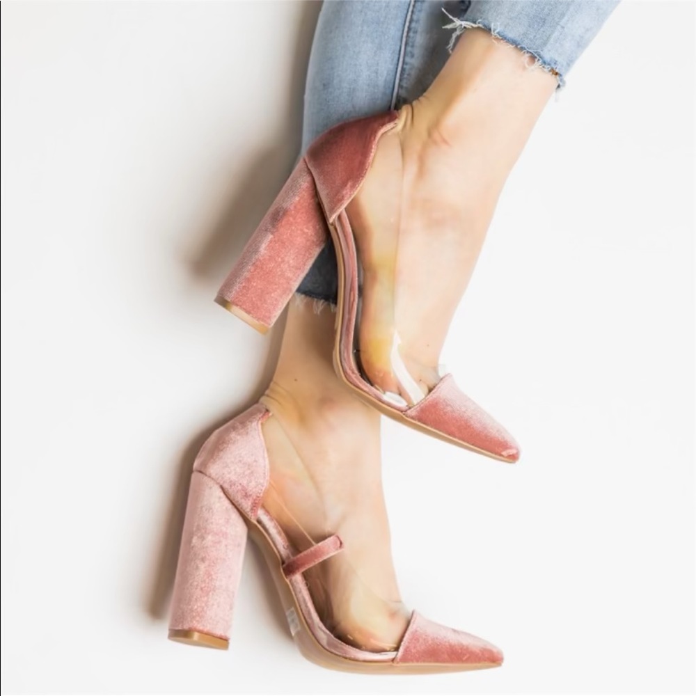 NWOT Chic Blush Velvet Clear Heels - Picture 1 of 4